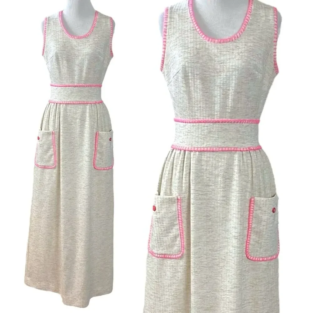 Vintage 60s 70s Shady Lane Sleeveless Cream Maxi Dress Spring Mod USA Size Small - Picture 3 of 12